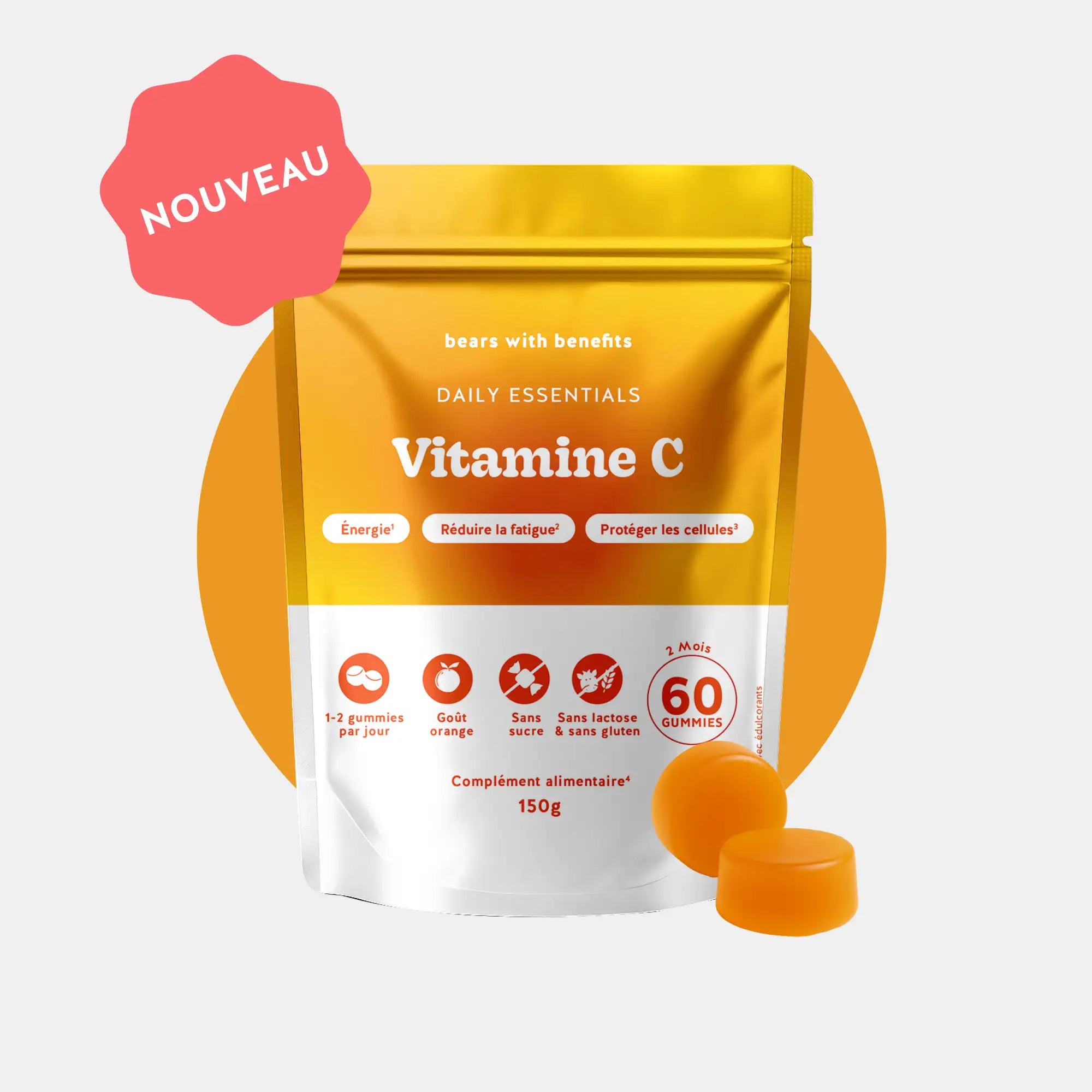 Image produit – gummies vitamine C, sachet de 60 unités vegan, sans sucre, goût orange. l Bears with Benefits