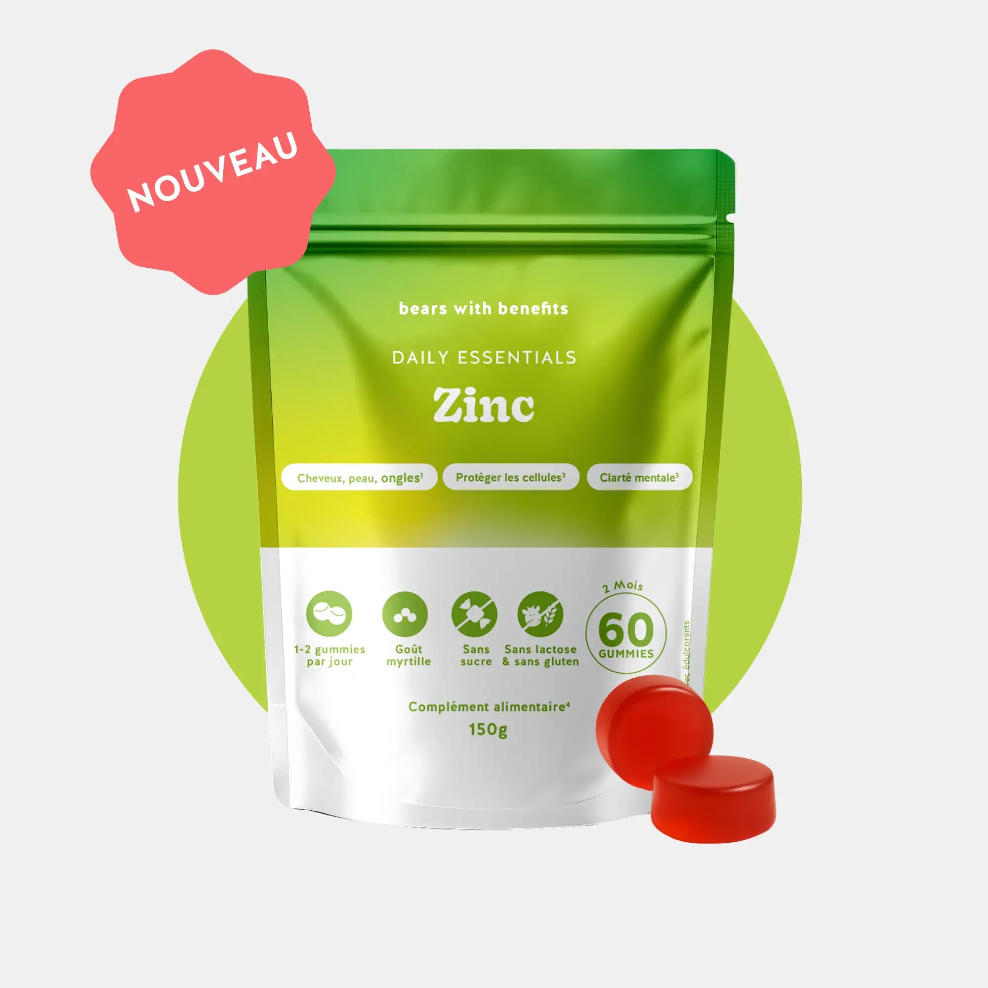 Image produit - sachet de 60 gummies zinc vegan, sans sucre, goût myrtille. l Bears with Benefits