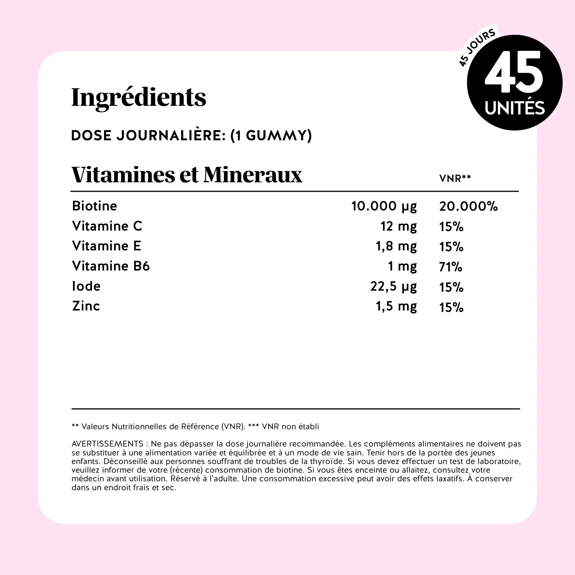 Informations nutritionnelles des gummies Cheveux Sublimes – vitamines et minéraux par dose journalière, valeurs VNR et composition détaillée l Bears with Benefits