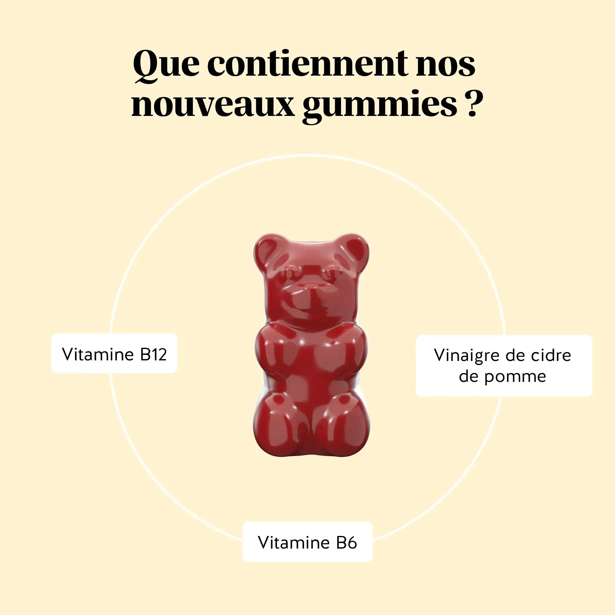 Illustration des ingrédients d’un gummy Digestion au vinaigre de cidre avec vitamines B6, B12 et vinaigre de cidre en poudre | Bears with Benefits