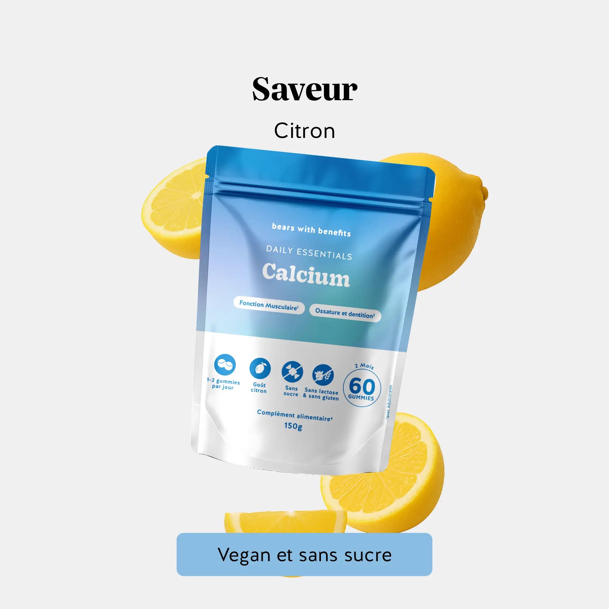 Ingrédients et saveur des gummies calcium - vegan, sans sucre, goût citron l Bears with Benefits