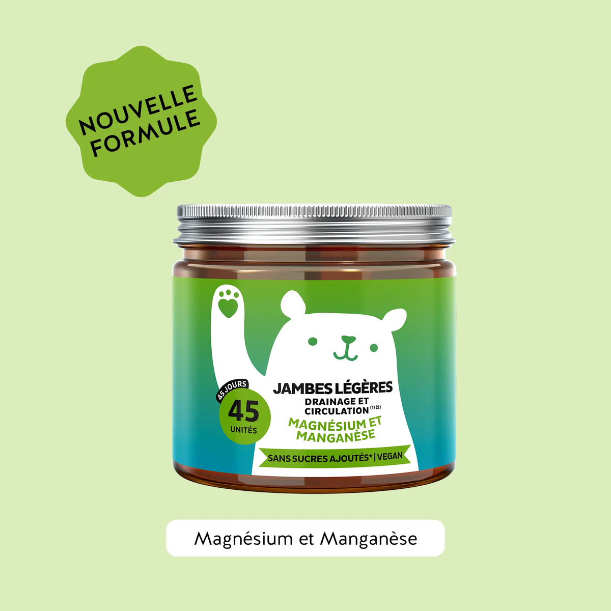 Bears with Benefits : Jambes Légères Drainage et Circulation avec vitamine C, magnésium, manganèse, ortie, ginkgo et vigne rouge, image d’une boîte de 45 gummies avec la mention « Nouvelle formule ».