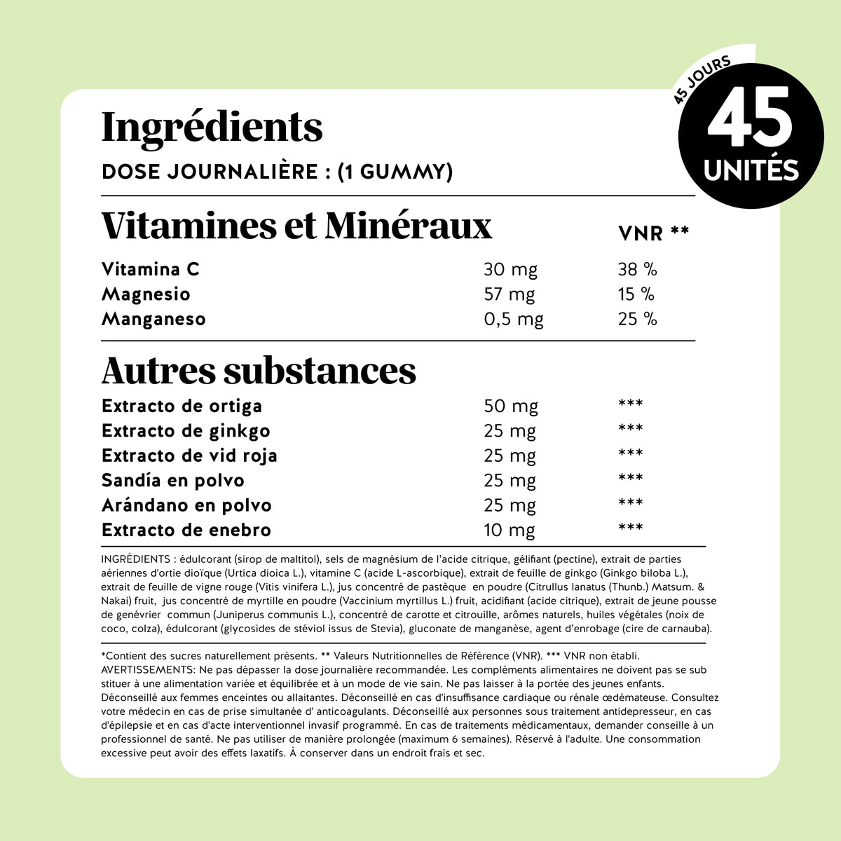 Bears with Benefits : tableau des ingrédients et des valeurs nutritionnelles des gummies Jambes Légères Drainage et Circulation avec vitamine C, magnésium, manganèse, ortie, ginkgo et vigne rouge.