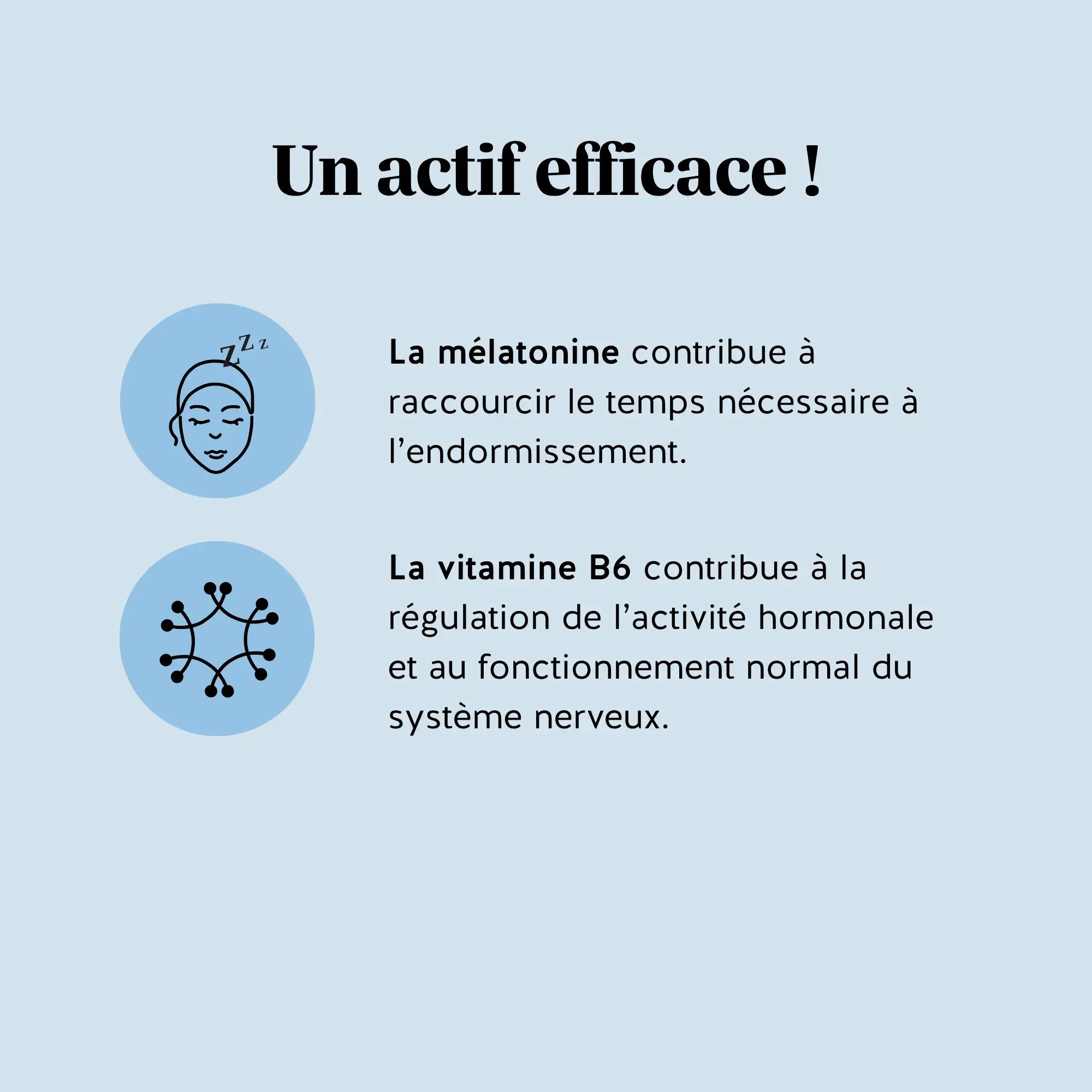 Infographie sur la mélatonine qui contribue à réduire le temps d’endormissement et la vitamine B6 qui soutient le système nerveux l Bears with Benefits.