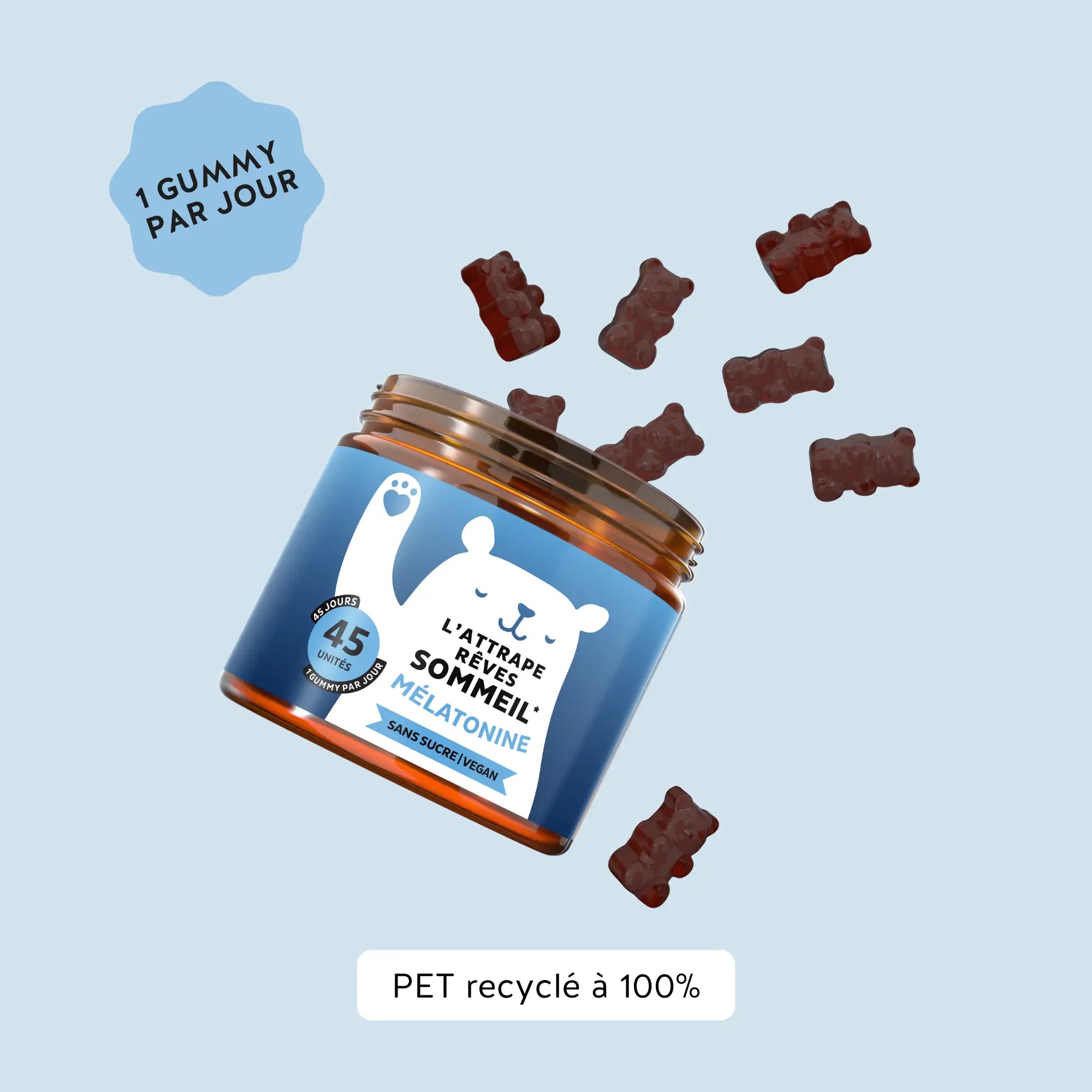 Boîte de 45 gummies L’attrape-rêves Sommeil avec recommandation d’un gummy par jour, formule à la mélatonine et vitamine B6 pour favoriser l’endormissement l Bears with Benefits.