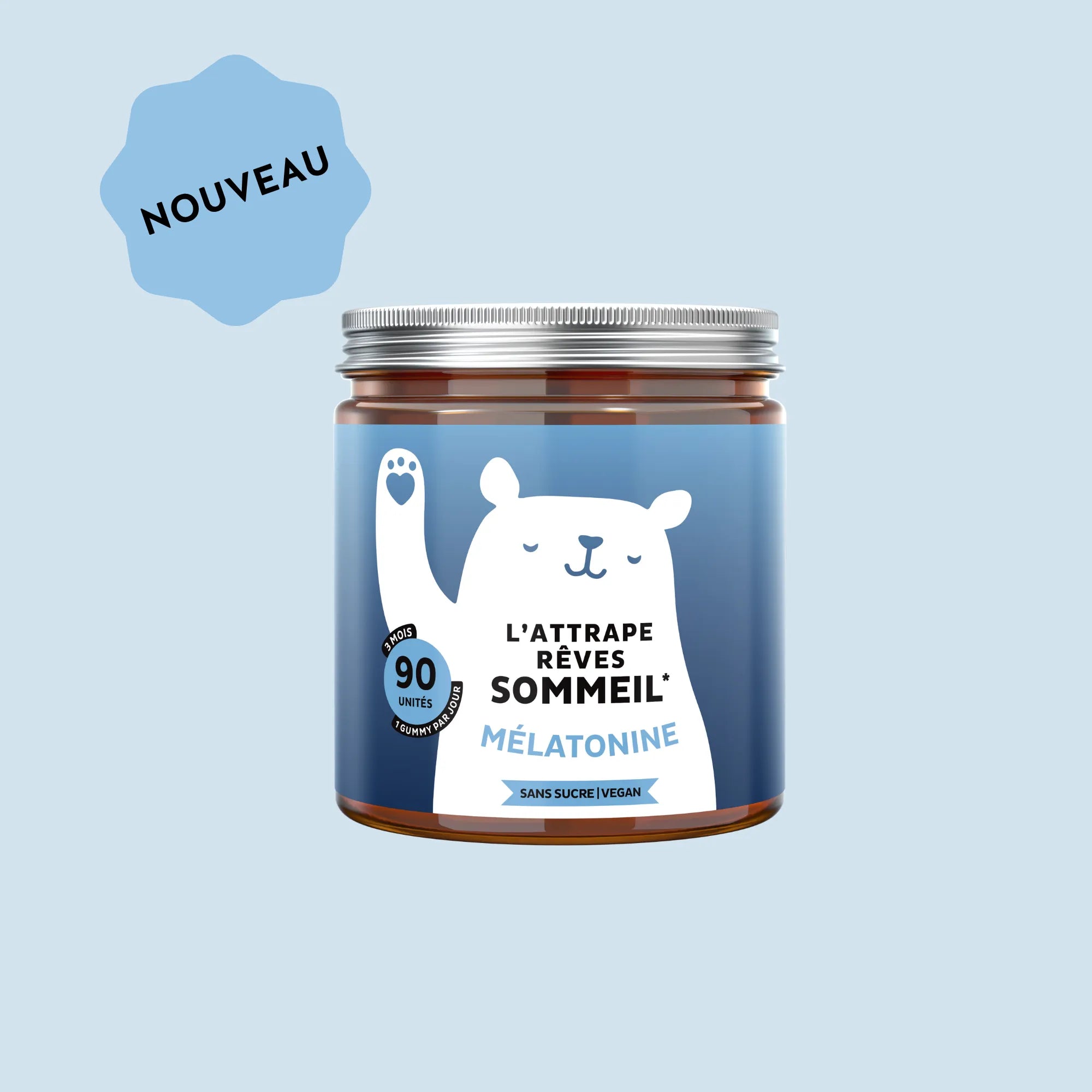 Boîte de gummies L’attrape-rêves Sommeil à la mélatonine et vitamine B6, sans sucre et vegan, format 90 unités pour favoriser l’endormissement l Bears with Benefits.