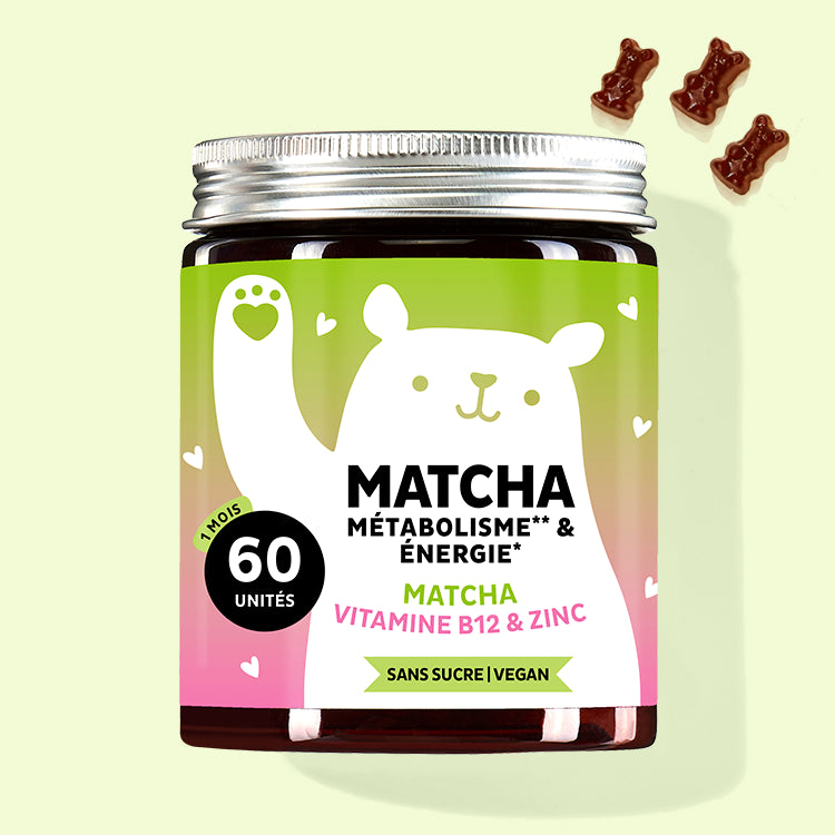 Cette photo représente une boîte du produit "Matcha Metabolisme & Energie" - vegan avec du zinc pour stimuler le métabolisme de Bears with Benefits.