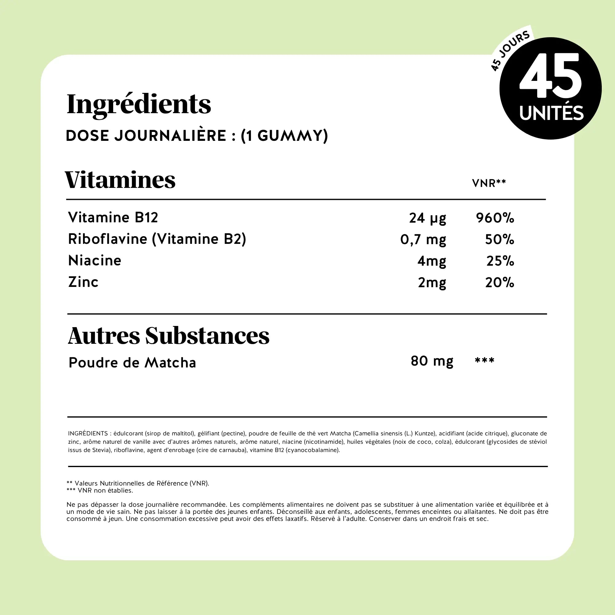 Tableau nutritionnel des gummies Matcha Métabolisme & Énergie 45 unités avec poudre de matcha 80 mg, vitamines B et zinc pour l’énergie l Bears with Benefits.