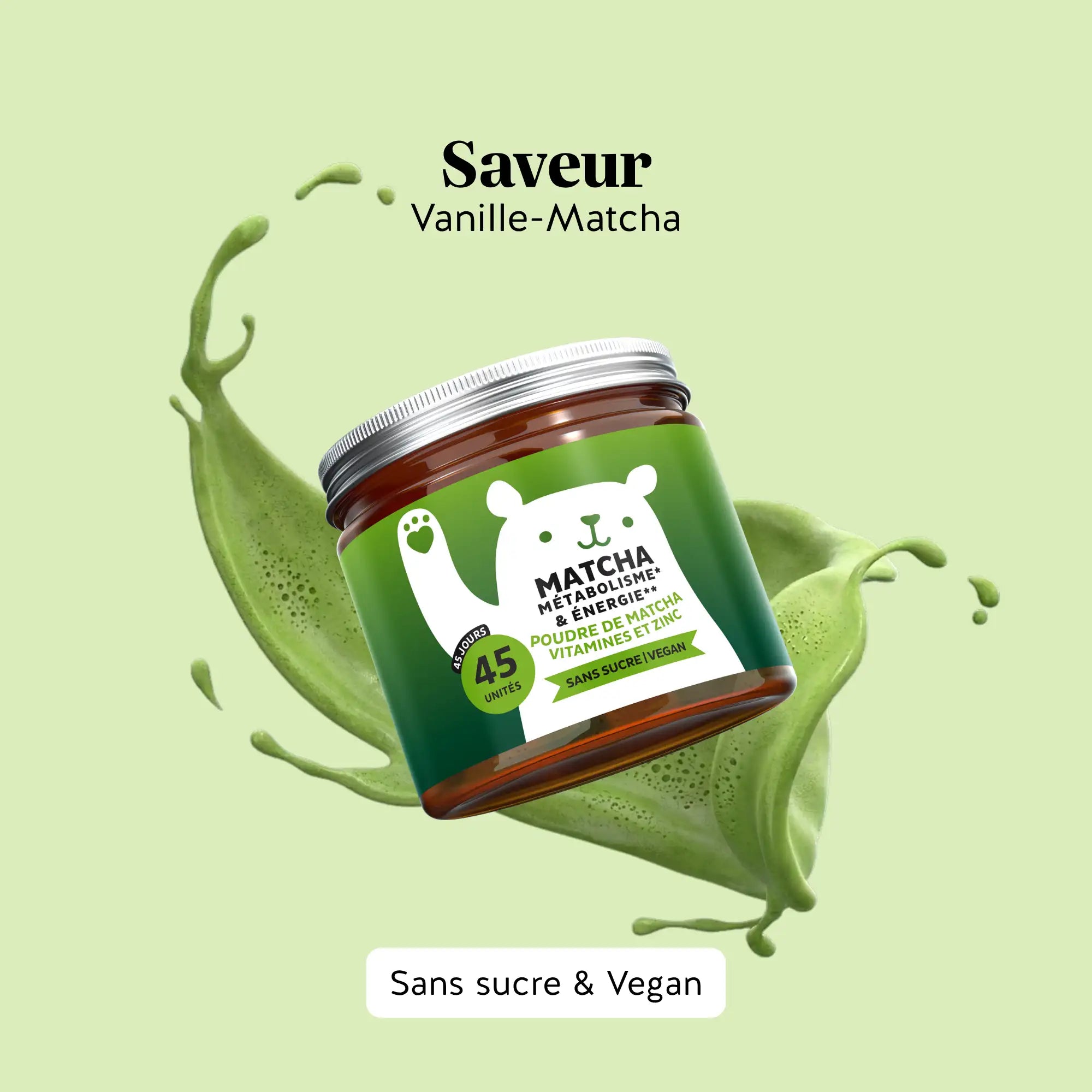 Boîte Matcha Métabolisme & Énergie 45 unités avec poudre de matcha, vitamines B et zinc pour l’énergie, saveur vanille-matcha l Bears with Benefits