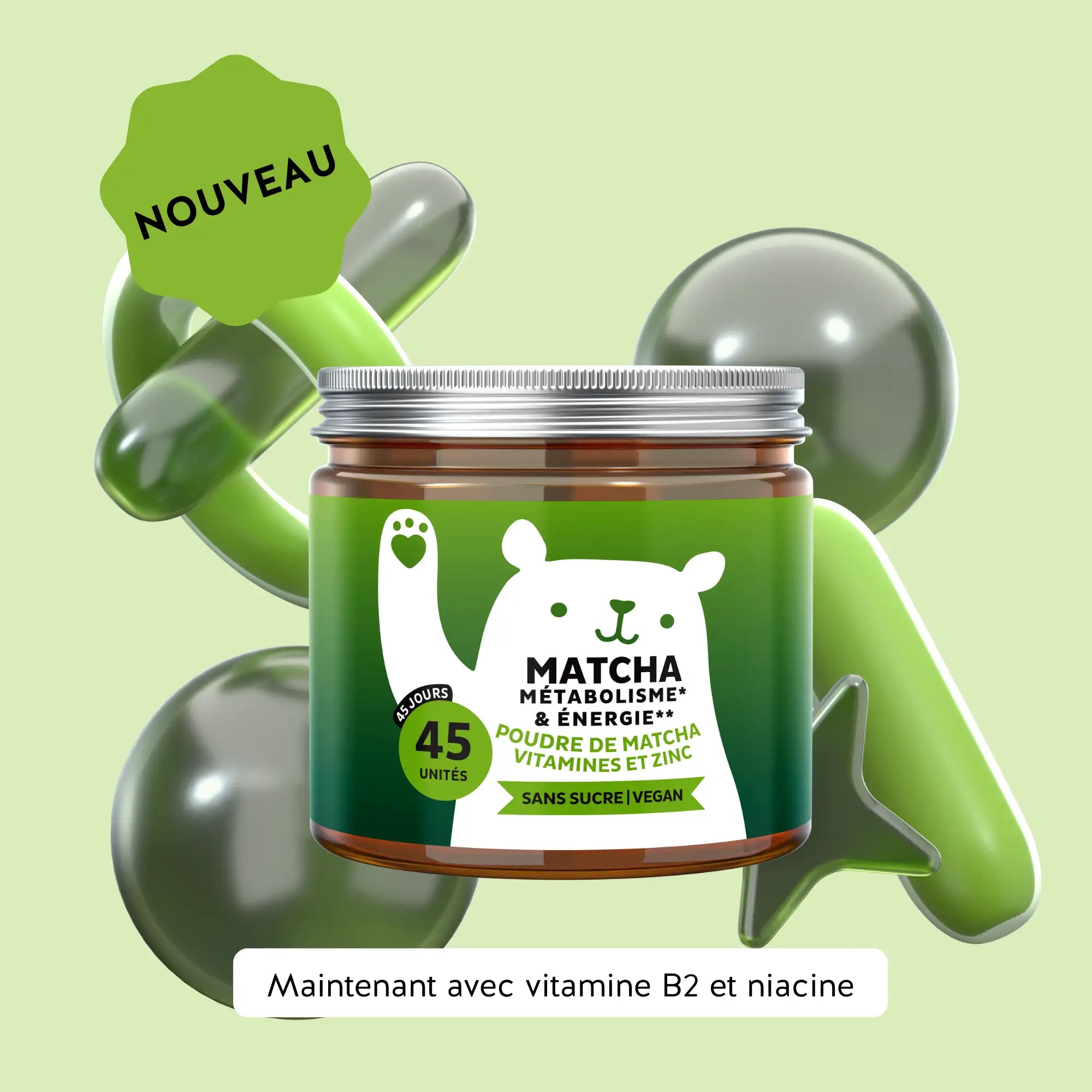 Boîte Bears with Benefits Matcha Métabolisme & Énergie 45 unités avec poudre de matcha, vitamine B2, niacine et zinc pour l’énergie