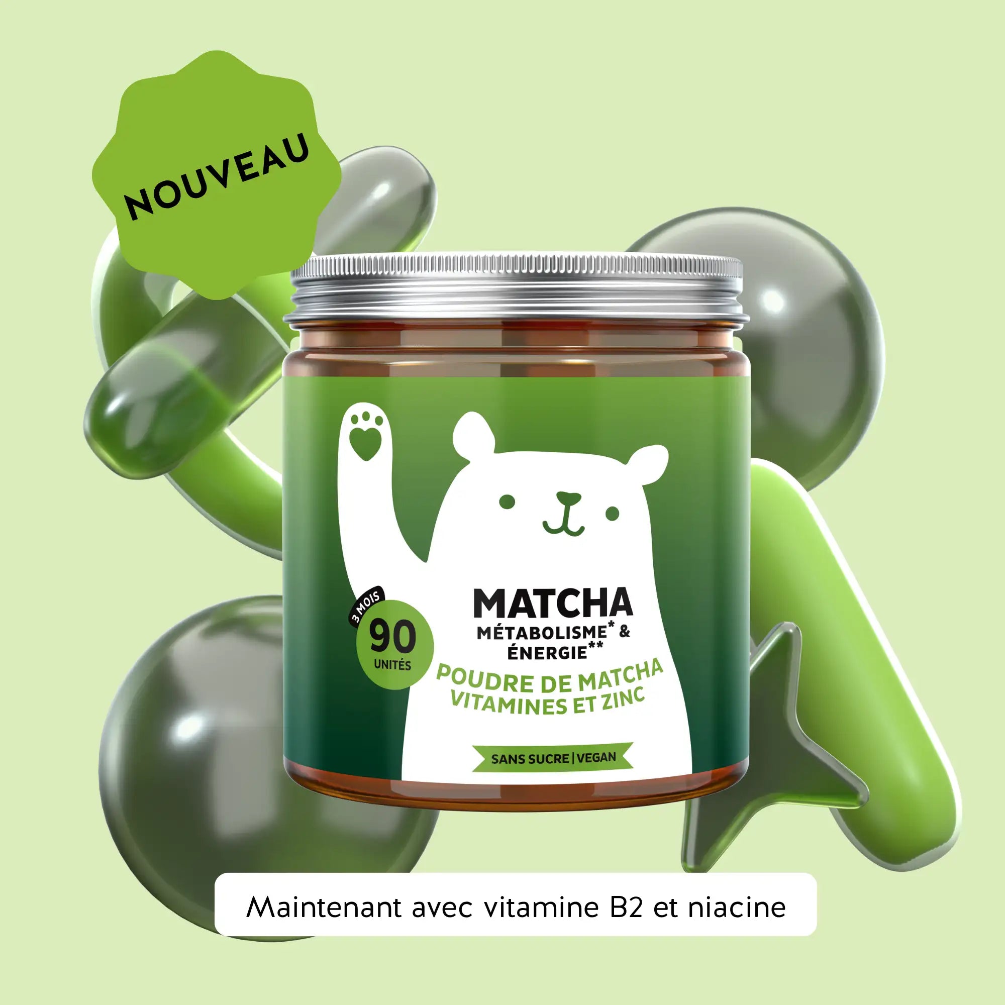 Boîte Bears with Benefits Matcha Métabolisme & Énergie 90 unités avec poudre de matcha, vitamines B et zinc pour le métabolisme énergétique l Bears with Benefits