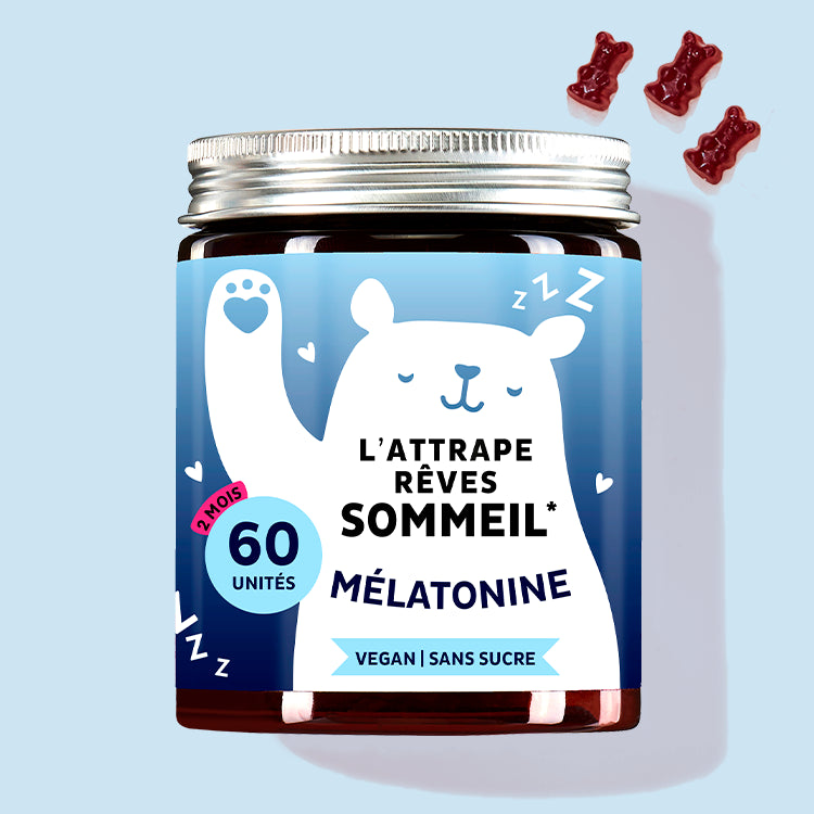 Un boîte de L’attrappe Rêves Vitamins avec mélatonine pour un sommeil réparateur de Bears with Benefits