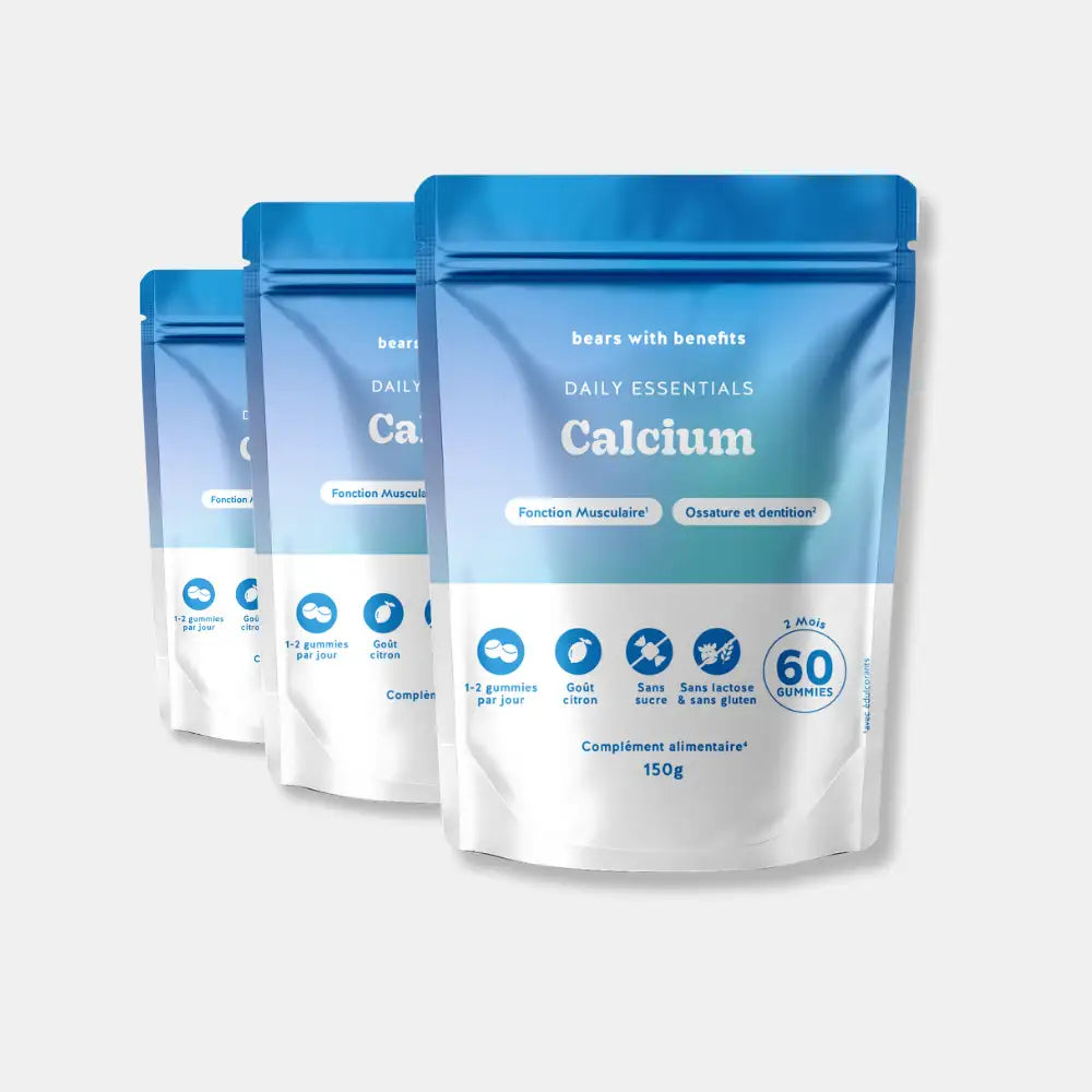 Pack de 3 sachets Calcium Daily Essentials - 60 gummies goût citron, vegan et sans sucre l Bears with Benefits