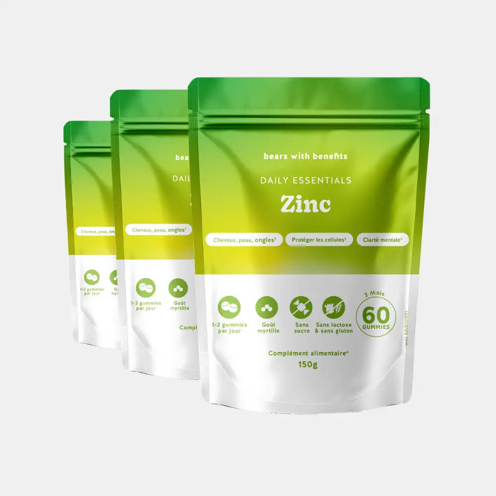 Pack de 3 sachets Zinc Daily Essentials - 60 gummies goût myrtille, vegan et sans sucre l Bears with Benefits