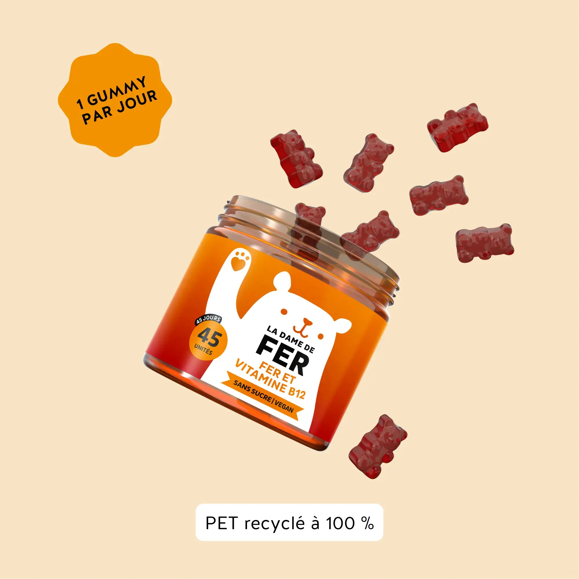Boîte de 45 gummies La Dame de Fer indiquant “1 gummy par jour”, un complément vegan au fer et vitamine B12 dans un emballage 100 % recyclé l Bears with Benefits.