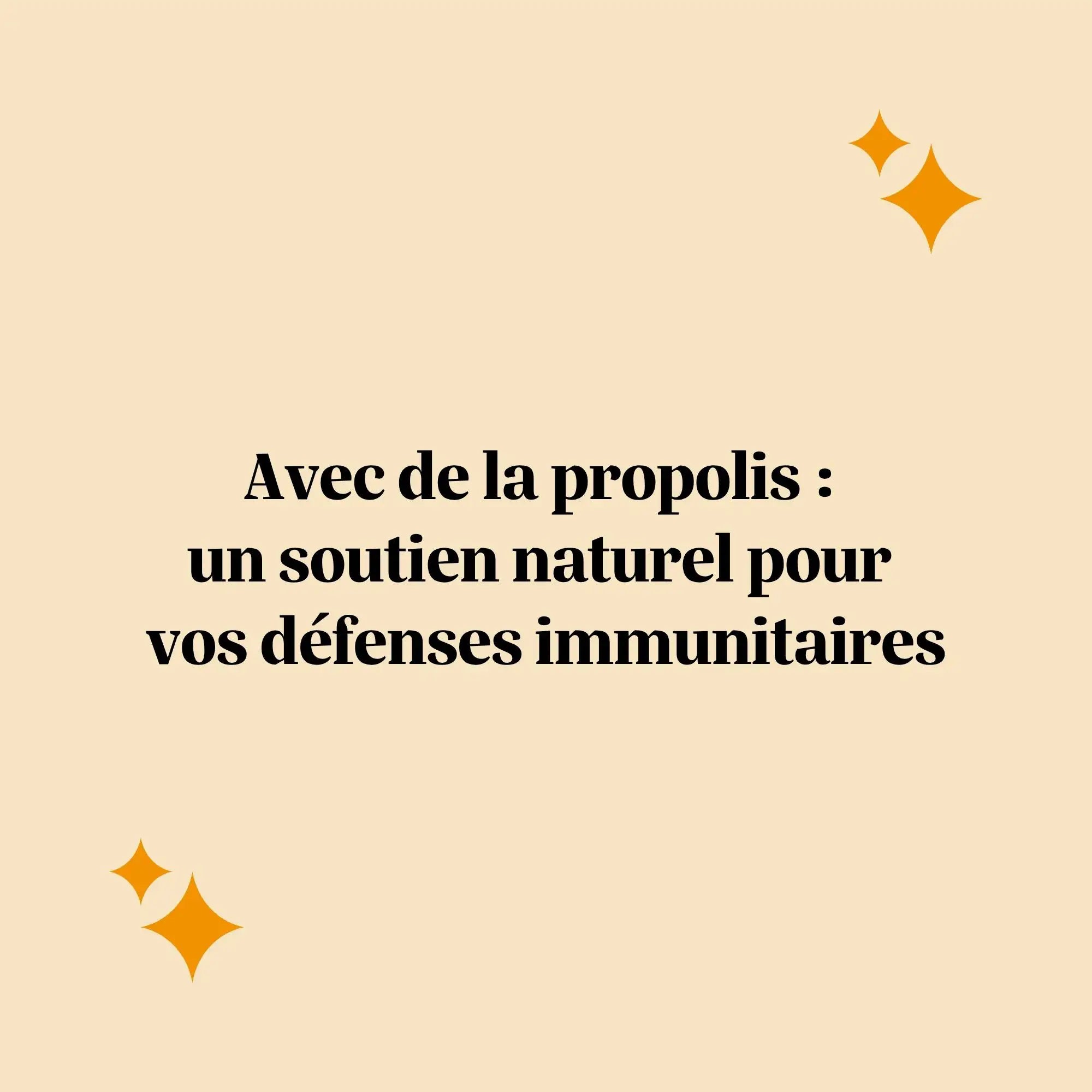 Texte indiquant « Avec de la propolis : un soutien naturel pour vos défenses immunitaires » | Bears with Benefits