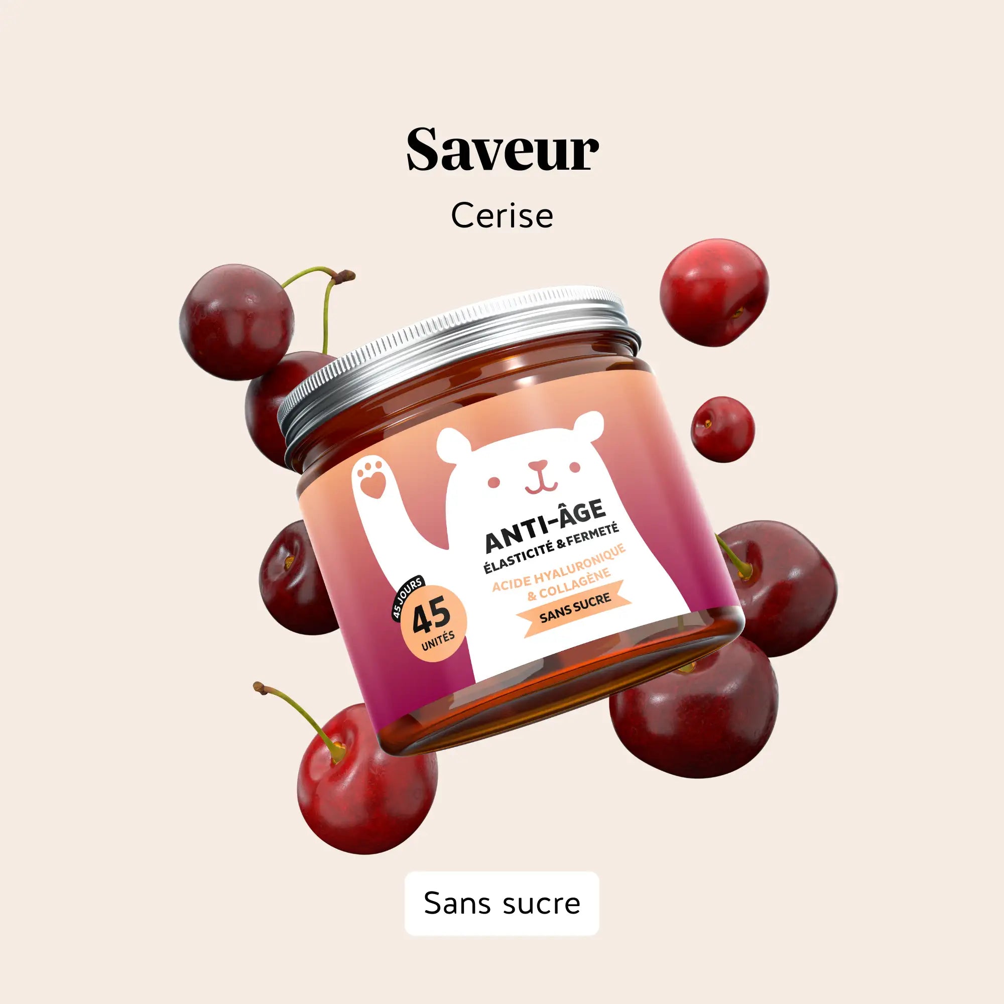 Gummies Anti-Âge à l’acide hyaluronique, Q10 et au collagène saveur cerise, sans sucre l Bears with Benefits