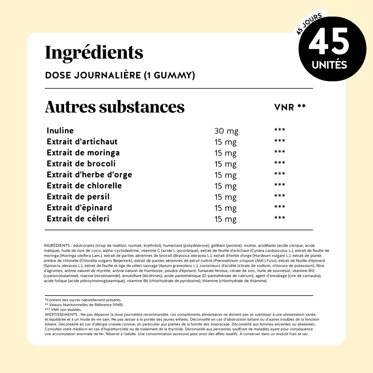 Bears with Benefits Super Greens Detox – Tableau complet avec ingrédients actifs, vitamines B6, B12, C, fer, zinc, 8 extraits de plantes vertes et valeurs nutritionnelles détaillées.