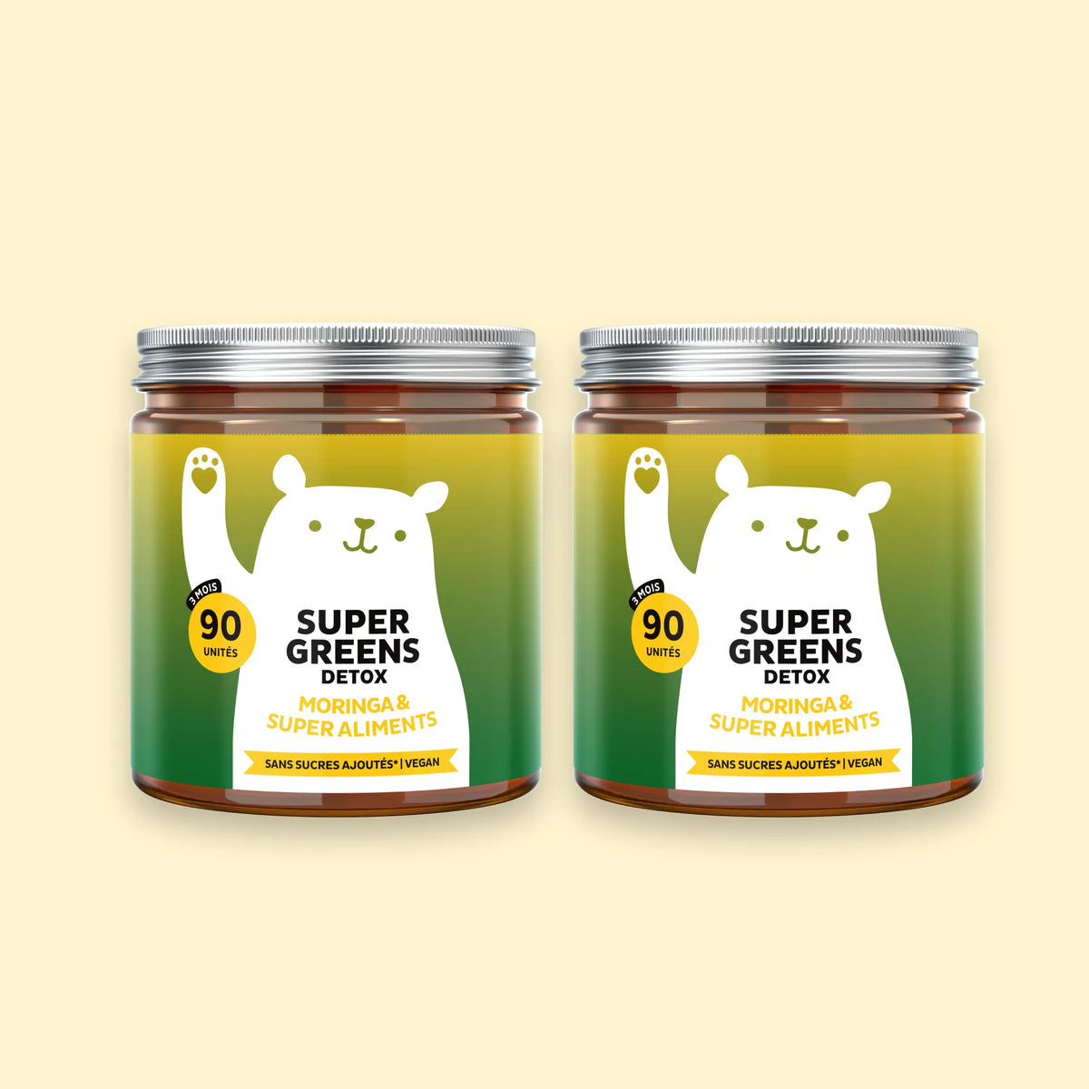 Bears with Benefits Super Greens Detox – Pack avantageux avec 2 pots de gummies vegan aux plantes vertes, vitamines B, fer et zinc. 180 gummies saveur myrtille-framboise pour un soutien prolongé de l'énergie et de la vitalité.