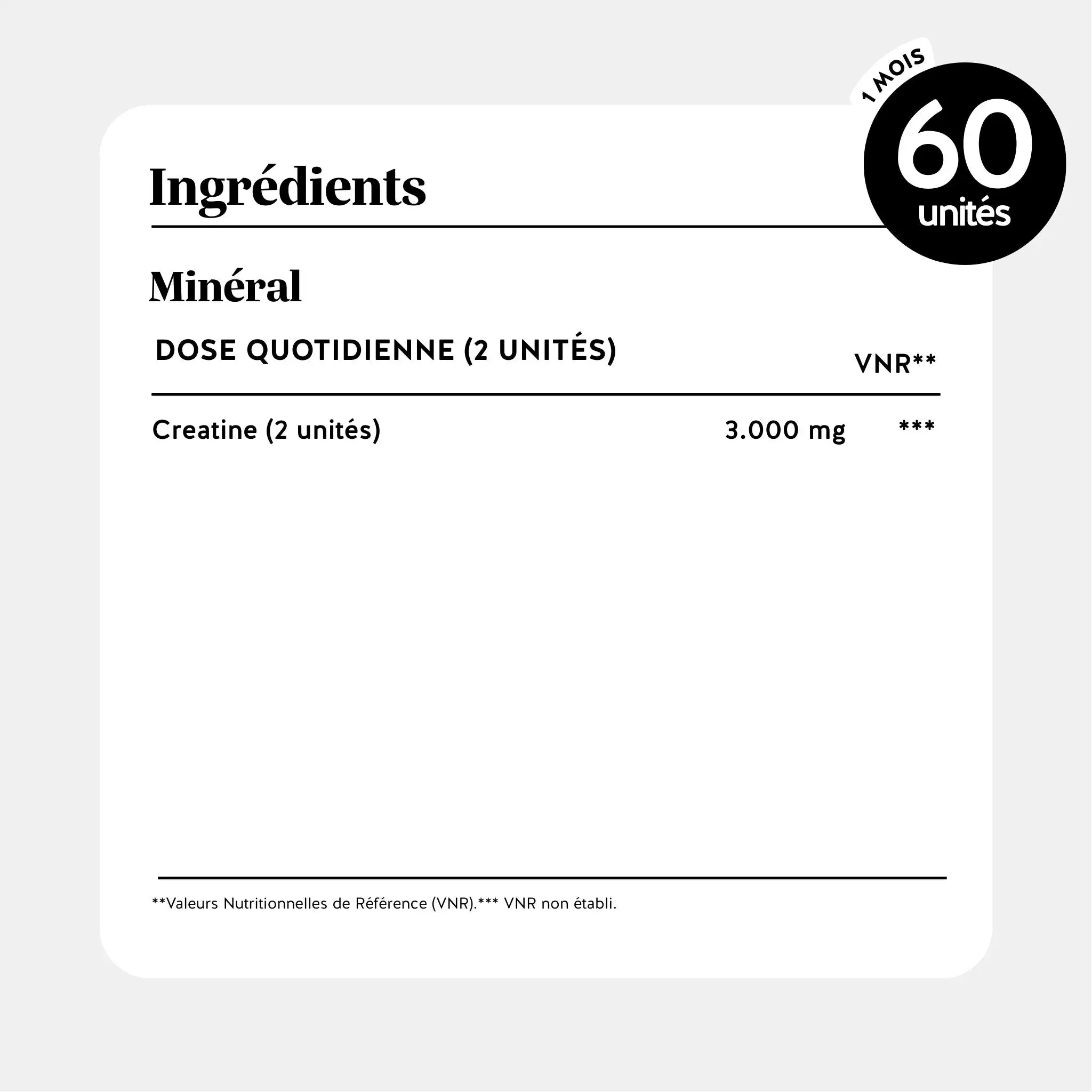 Tableau des ingrédients et apports nutritionnels des gummies créatine - 3000 mg par 2 unités, 60 gummies par sachet l Bears with Benefits