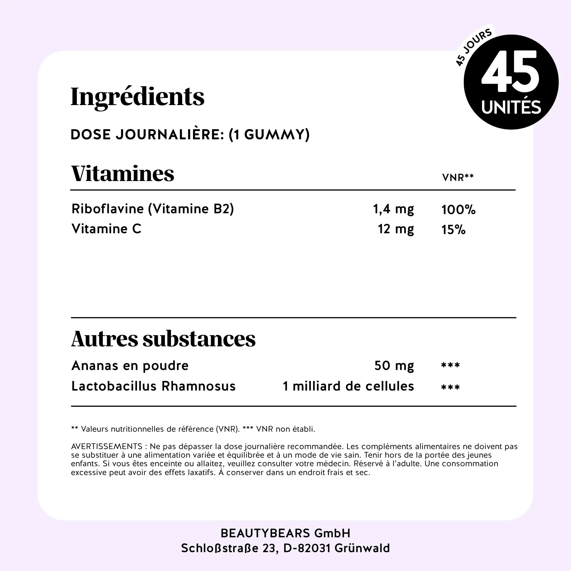 Valeurs nutritionnelles – En Toute Intimité Équilibre, boîte de 45 gummies avec vitamine B2, vitamine C et probiotiques l Bears with Benefits