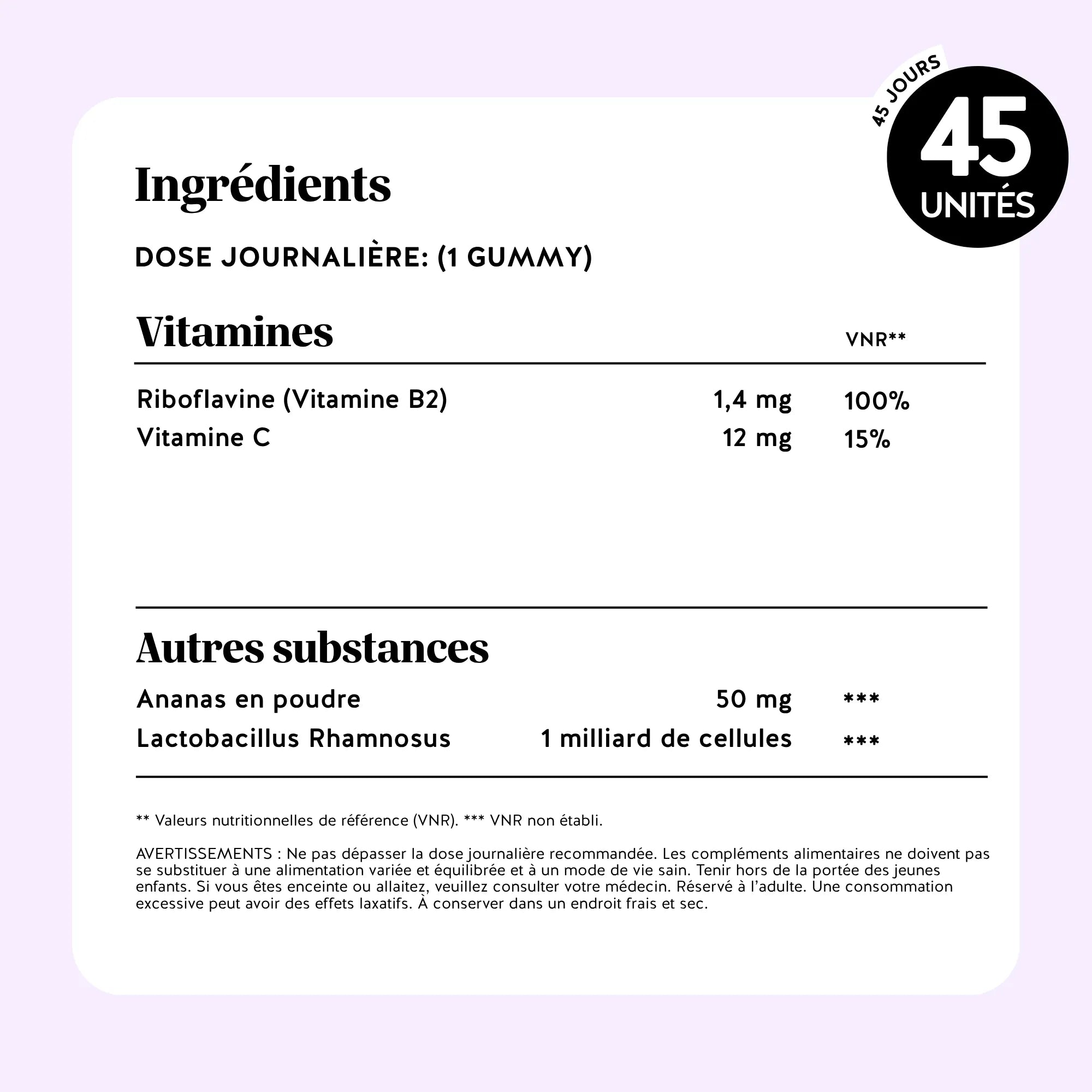 Valeurs nutritionnelles – En Toute Intimité Équilibre, boîte de 45 gummies avec vitamine B2, vitamine C et probiotiques l Bears with Benefits
