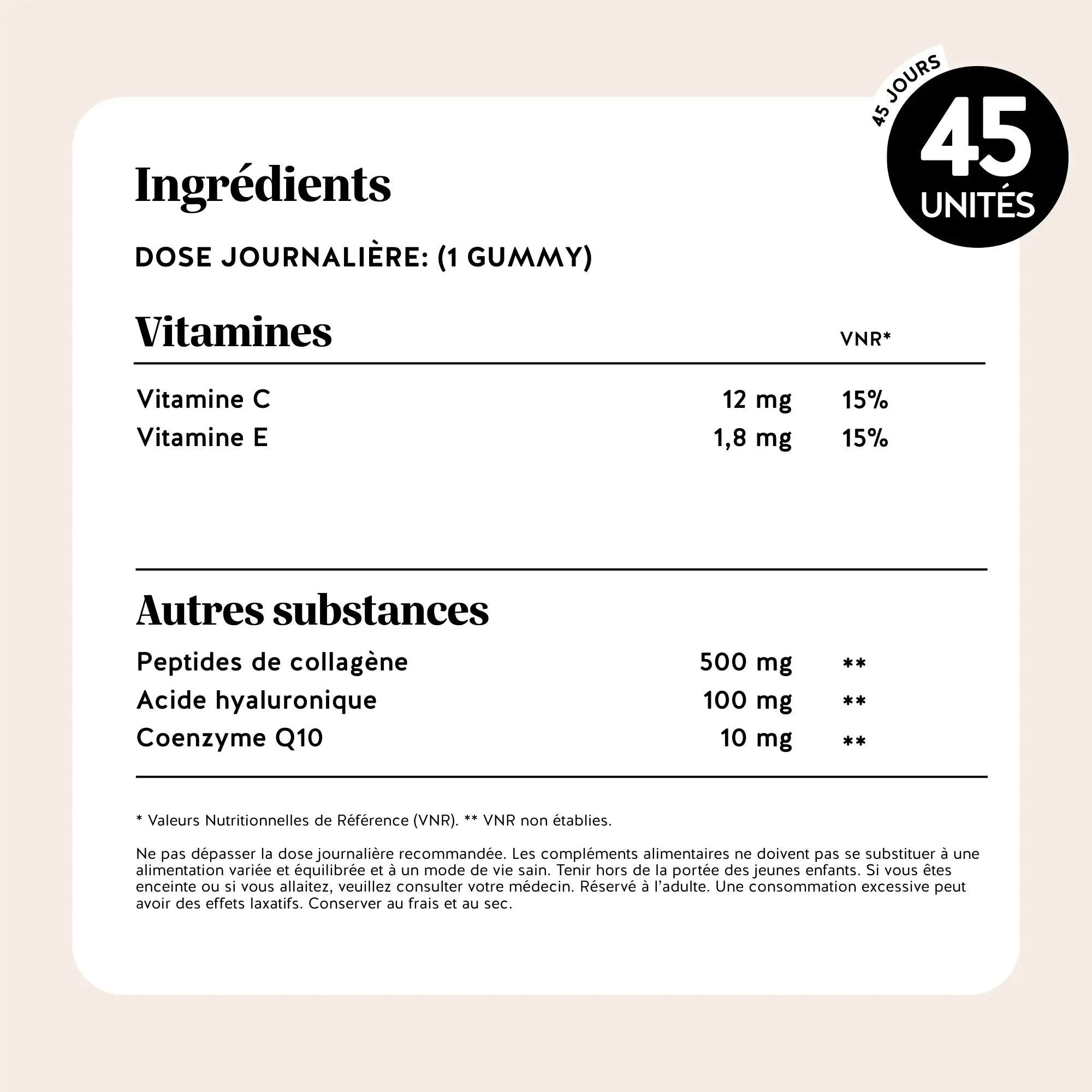 Valeurs nutritionnelles des gummies Anti-Âge avec collagène, acide hyaluronique, coenzyme Q10, vitamines C et E l Bears with Benefits