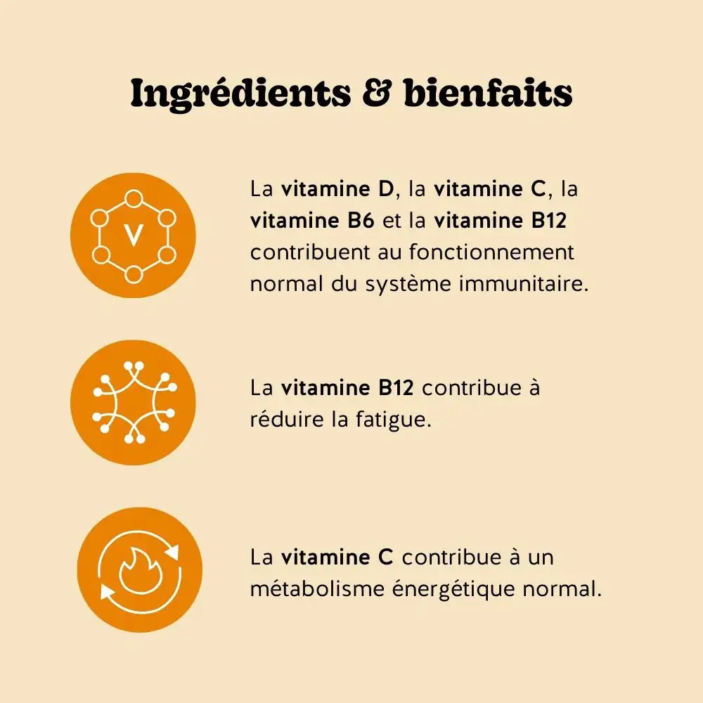Infographie des vitamines D, C, B6 et B12 contribuant au système immunitaire et à la réduction de la fatigue | Bears with Benefits