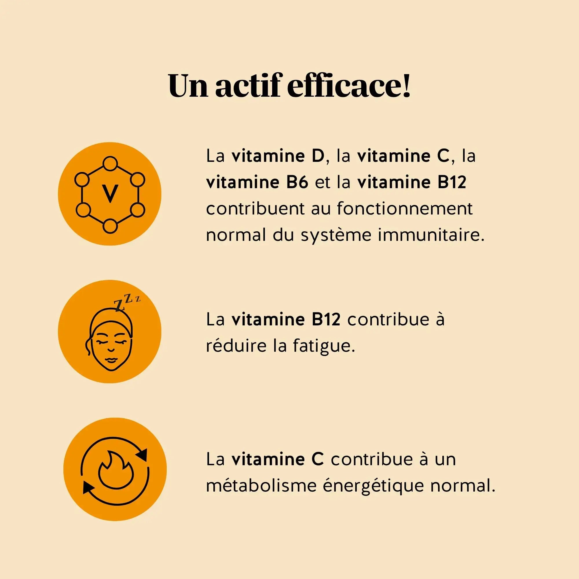 Infographie des vitamines D, C, B6 et B12 contribuant au système immunitaire et à la réduction de la fatigue | Bears with Benefits