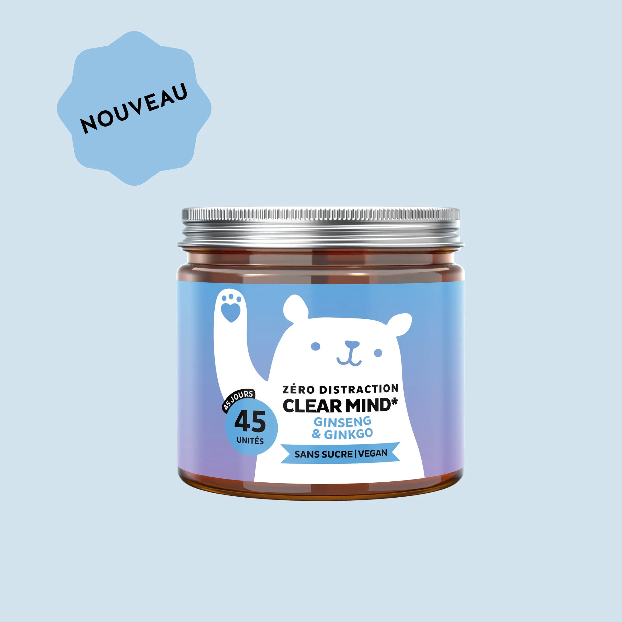 Boîte de gummies Zero Distraction Clear Mind Bears with Benefits au ginseng et ginkgo, 45 unités, sur fond bleu avec badge Nouveau et éléments brillants.