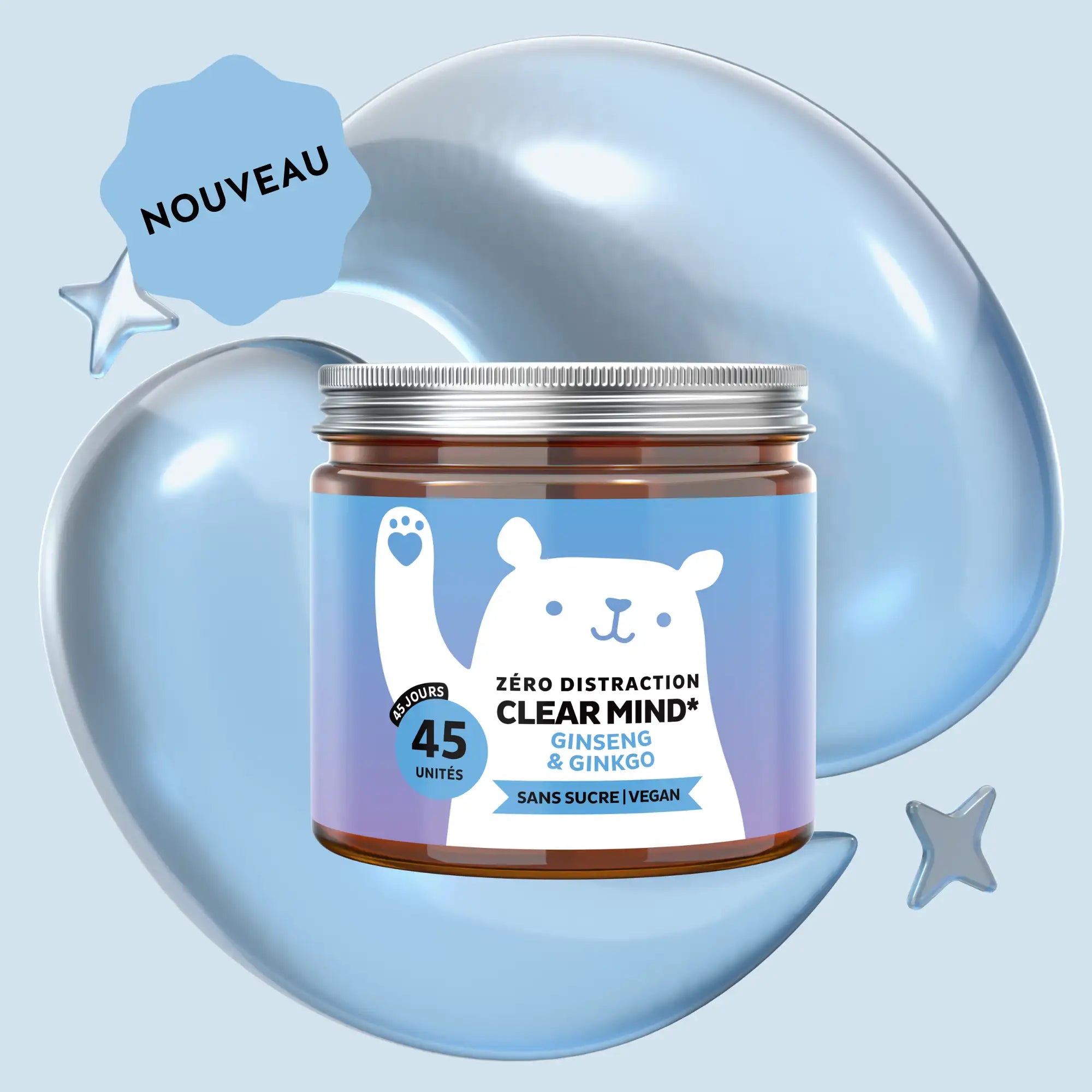 Boîte de gummies Zero Distraction Clear Mind Bears with Benefits au ginseng et ginkgo, 45 unités, sur fond bleu avec badge Nouveau et éléments brillants.
