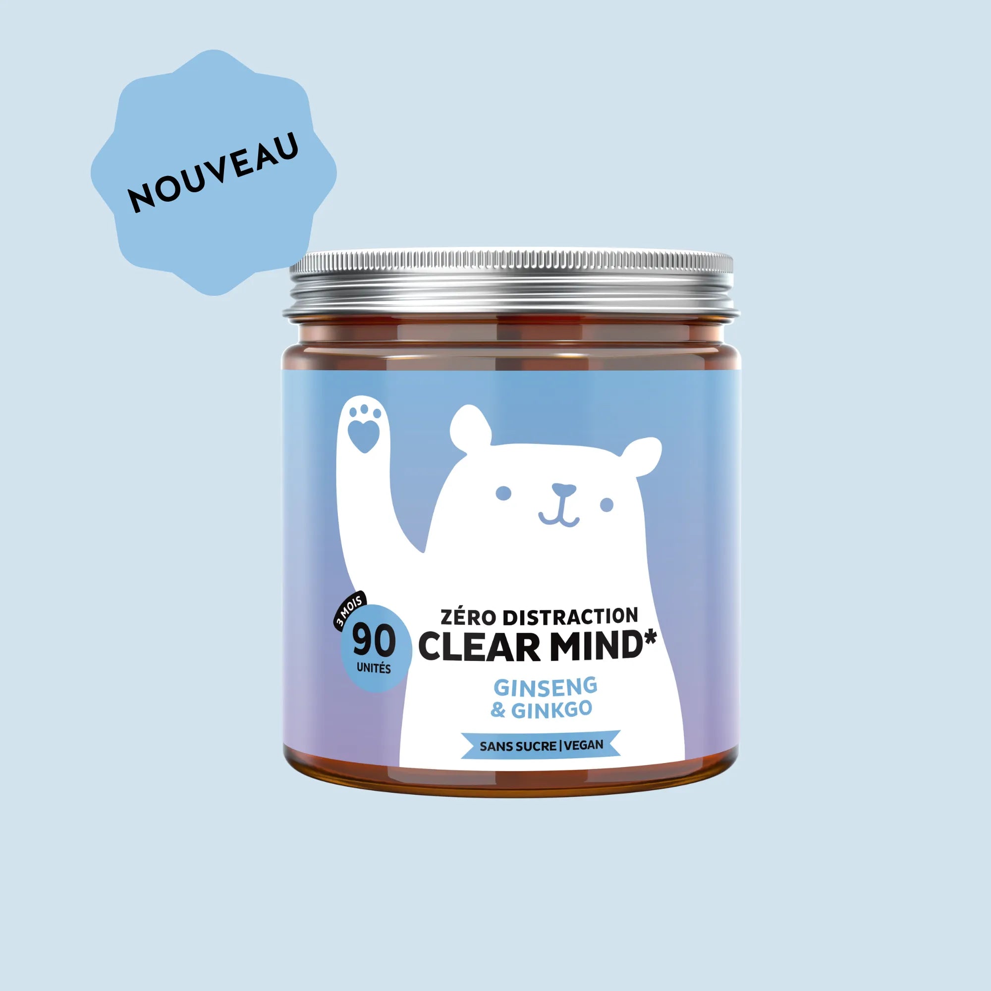 Boîte de gummies Zero Distraction Clear Mind Bears with Benefits au ginseng et ginkgo, 90 unités, sur fond bleu avec badge Nouveau et éléments brillants
