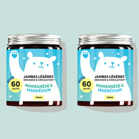 Deux boîtes du produit Jambes Légères Drainage & Circulation avec du magnésium et manganèse pour aider à réduire la rétention d’eau, soulager la sensation de jambes lourdes et soutenir la santé du tissu conjonctif. De Bears with Benefits.