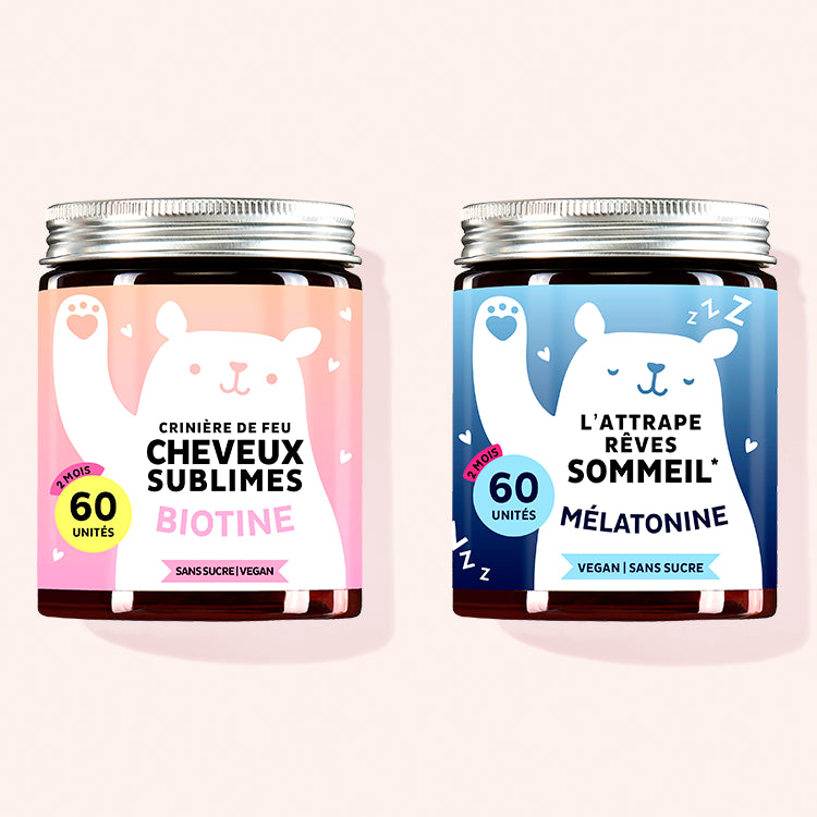 Set de 2 "Sleeping Beauty Bundle" composé par les Vitamines Cheveux Sublimes et les Vitamines L'attrape rêves sommeil avec biotine et mélatonine.