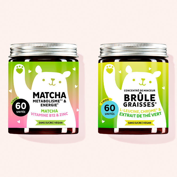 L'image montre un ensemble de deux produits Bears with Benefits Gummies : Matcha - Matcha Metabolisme & Energie - avec du zinc pour stimuler le métabolisme et Concentré de minceur - brûle graisses.