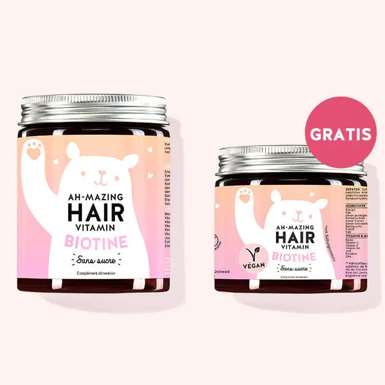 Une boîte de Ah-mazing Hair Vitamins sans sucre avec biotine pour cheveux beaux et forts de Bears with Benefits