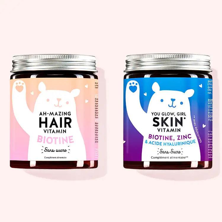 Set de 2 duos pour la peau et les cheveux abîmés de Bears with Benefits comprenant les vitamines Ah-Mazing Hair avec biotine et les vitamines You Glow, Girl avec hyaluron.