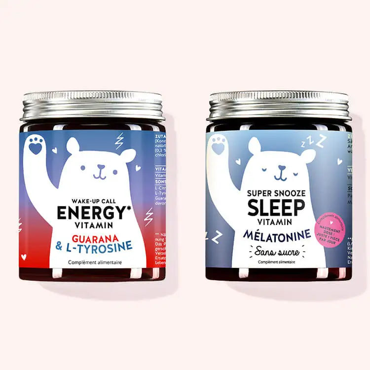 Set de 2 “Duo Jour & Nuit” composé par les Vitamines Wake-Up Call Energy et les Vitamines Super Snooze Sleep avec l'extrait de guarana, L-tyrosine et Mélatonine de Bears with Benefits.
