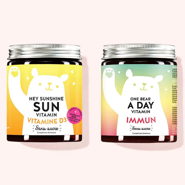 Set de 2 "Boost defenses immunitaire" composé par les Vitamines Hey Sunshine Sun et les Vitamines One Bear A Day avec complexe immunitaire et vitamine D