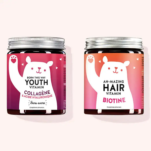 Set de 2 "Combo cheveux & peaux" composé par les Vitamines Ah-mazing Hair et les Vitamines Born This Way Youth avec biotine, collagène et acide hyaluronique