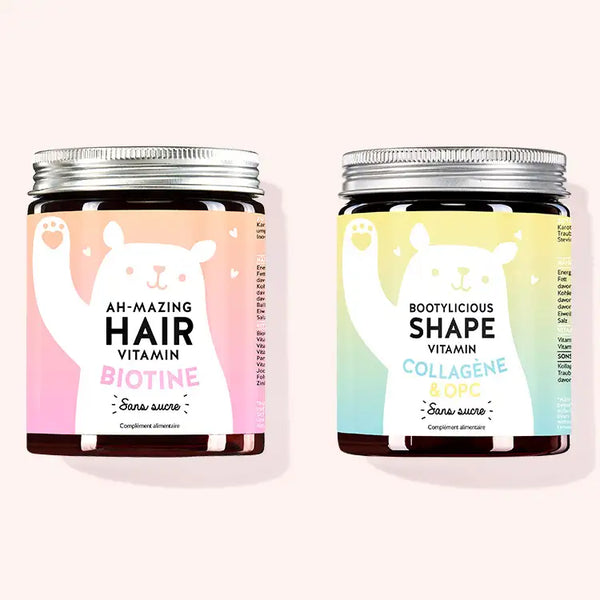 Set de 2 "Beauté et forme" composé par les Vitamines Ah-mazing Hair et les Vitamines Bootylicious Shape avec biotine, collagène et OPC