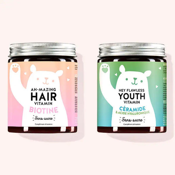 Set de 2 "Duo pour la peau et les cheveux épuisés" composé par les Vitamines Ah-mazing Hair et les Vitamines Hey Flawless Youth avec céramide, acide hyaluronique et biotine