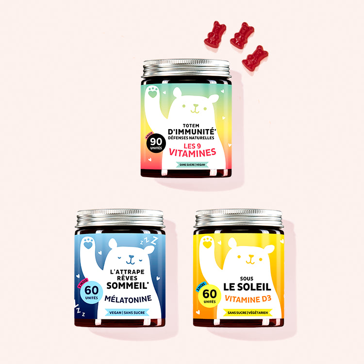 Set de 3 "Trio pour ton système immunitaire" composé par les Vitamines Totem d'immunité, Sous le soleil et les Vitamines L'attrape rêves avec complexe immuntaire, vitamine D3 et mélatonine.