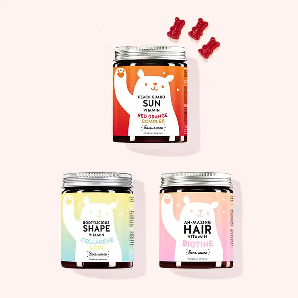 Set de 3 "Pack découverte - Les indispensables" composé par les Vitamines Beach Guard Sun, Bootylicious Shape et les Vitamines Ah-mazing Hair avec collagène, OPC, biotine et Red Orange Complexe