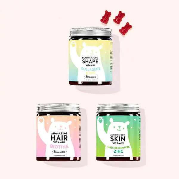 Set de 3 pièces "Pack découverte pour la peau, les cheveux et le corps" avec Shape Bootylicious vitamines avec collagène, Ah-mazing Hair vitamines avec biotine et Hey Flawless Skin vitamines avec huile de graines de chanvre de Bears with Benefits.