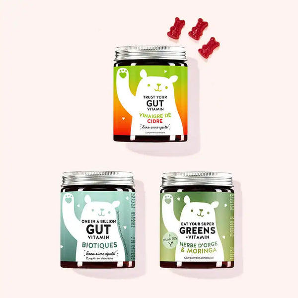 Set de 3 “Trio Green Power pour le métabolisme” composé par les Vitamines Trust your Gut avec Le vinaigre de cidre, les Vitamines One in a Billion Gut avec Bacillus Coagulans et Inuline et les Vitamines Eat Your Super Greens avec herbe d'orge, moringa et 6 plantes de Bears with Benefits.