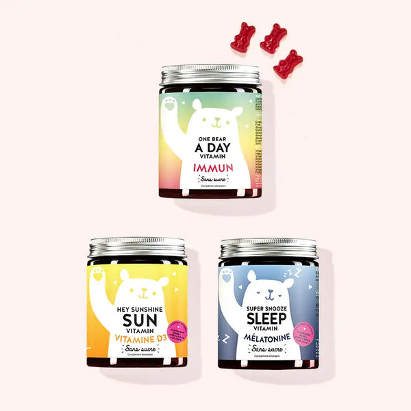 Set de 3 "Trio pour ton système immunitaire" composé par les Vitamines One Bear A Day, Hey Sunshine Sun et les Vitamines Super Snooze Sleep avec complexe immuntaire, vitamine D3 et mélatonine