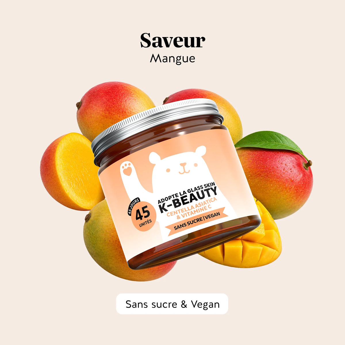 Bears with Benefits Adopte la glass skin K-Beauty – Saveur mangue naturelle, vegan et sans sucre ajouté, 45 gummies.