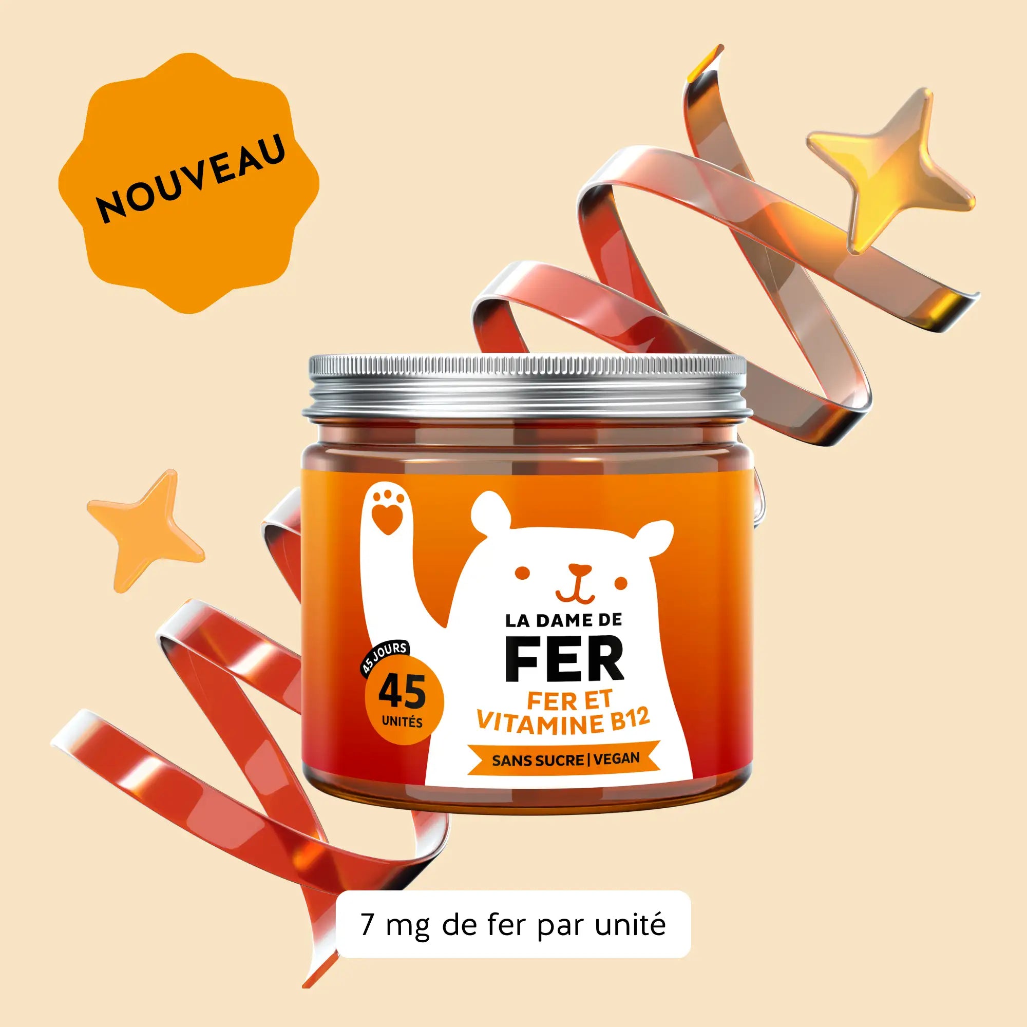 Boîte de 45 gummies La Dame de Fer au fer et à la vitamine B12, une formule sans sucre et vegan conçue pour un apport quotidien agréable et efficace l Bears with Benefits.