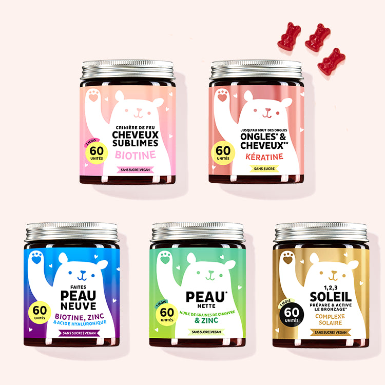 L'image montre un ensemble de cinq produits Bears with Benefits Gummies: Cheveux sublimes, Jusqu'au Bout des Ongles & Cheveux, Faites peau neuve, Peau nette, 1 2 3 soleil - prépare & active le bronzage.